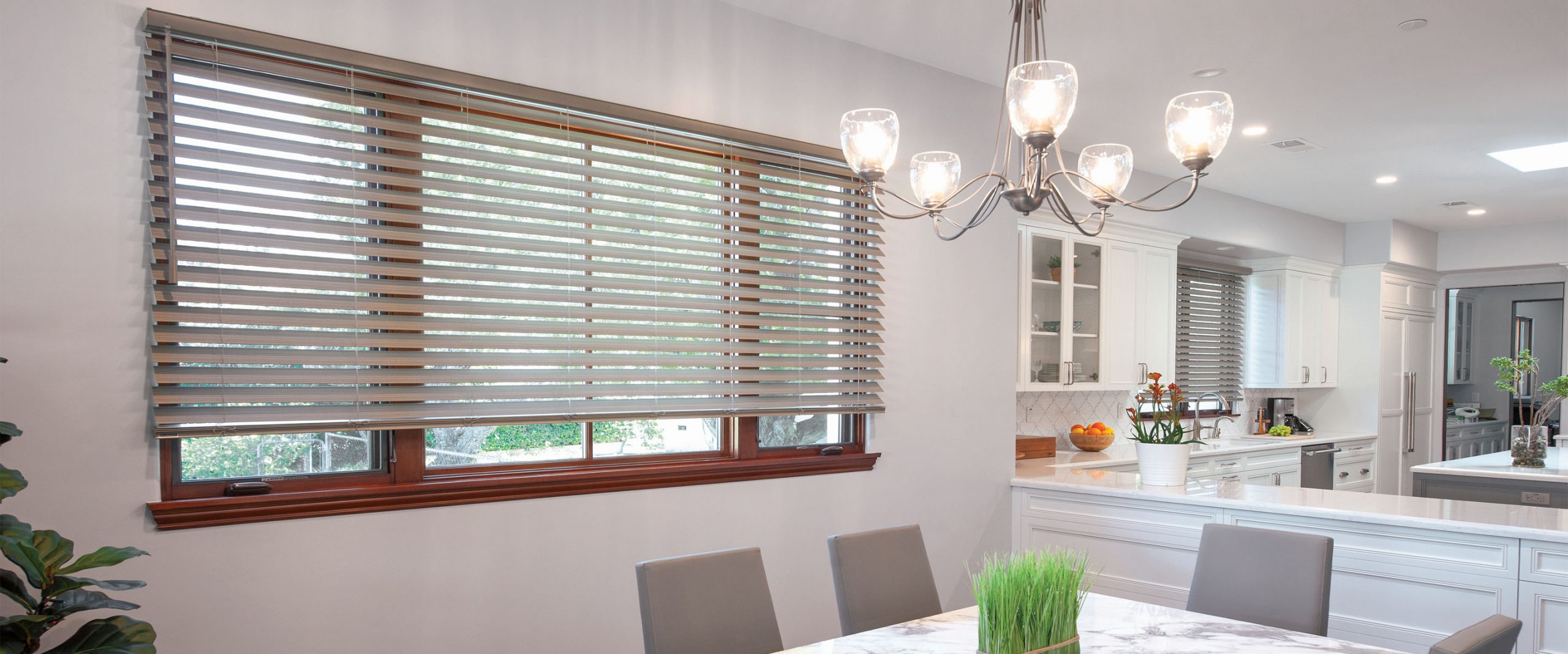 Cozy dining area featuring elegant wood blinds in Annapolis